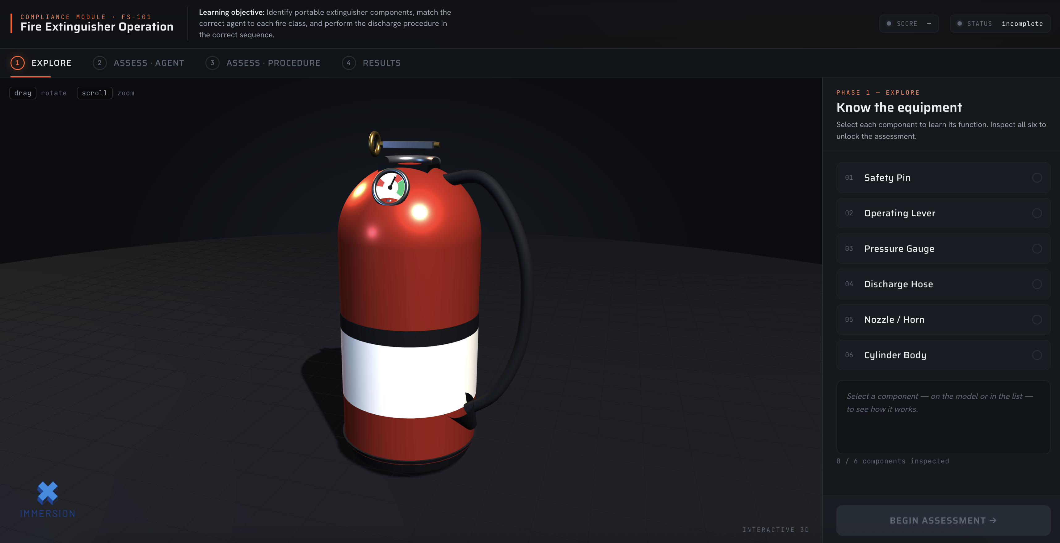 Interactive 3D fire safety training module showing fire extinguisher components, drag-and-drop fire class assessment with consequence feedback, and PASS technique procedure sequencing — built with Three.js and WebGL by xImmersion